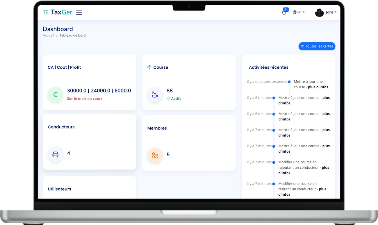 Capture d'écran du dashboard Taxiger